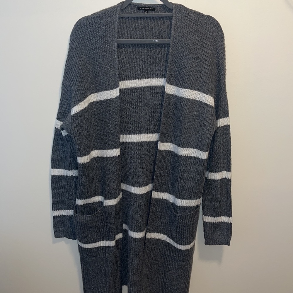 ✨SALE✨ STACCATO | Striped Knit Open Front Cardigan Sweater W/ Pockets - Picture 8 of 10